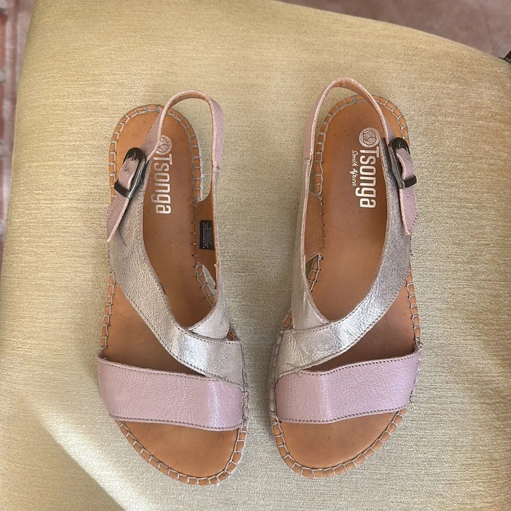 Tsonga Ladies Leather Espadrille Sandal in Blush Pink and Metallic Gold EU 40 - Picture 5 of 15